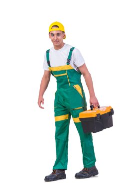 Beyaz izole toolkit toolbox ile genç adam