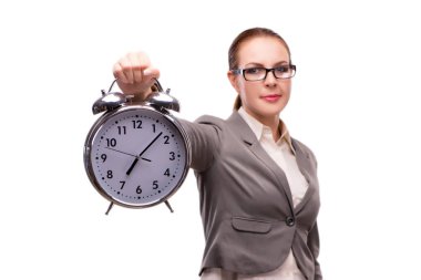 İle dev çalar saat üzerinde beyaz izole işkadını