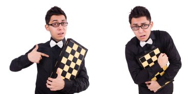 Beyaz üzerine izole komik satranç oyuncusu