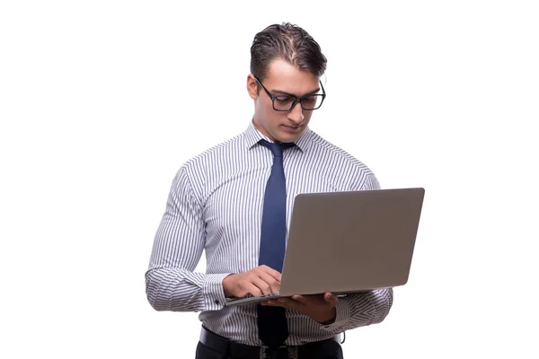 Hombre de negocios guapo trabajando con ordenador portátil aislado en wh — Foto de Stock