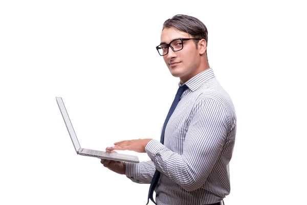 Bonito homem de negócios trabalhando com computador portátil isolado no wh — Fotografia de Stock