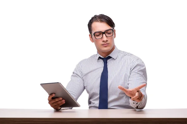 Bonito homem de negócios trabalhando com computador tablet isolado no wh — Fotografia de Stock