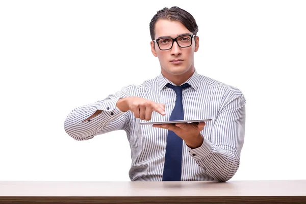 Bonito homem de negócios trabalhando com computador tablet isolado no wh — Fotografia de Stock