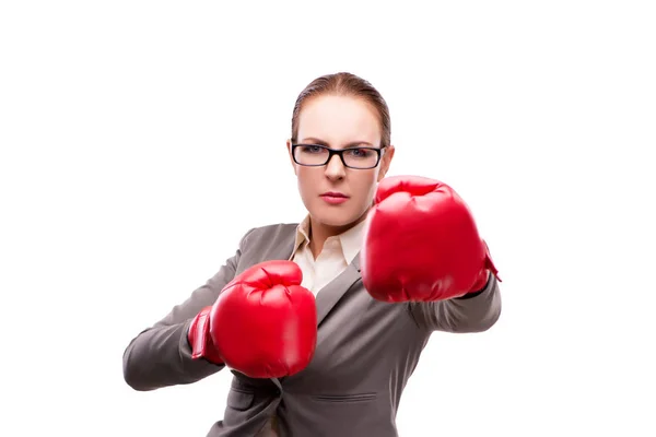 Mujer de negocios con guantes de boxeo aislados en blanco —  Fotos de Stock