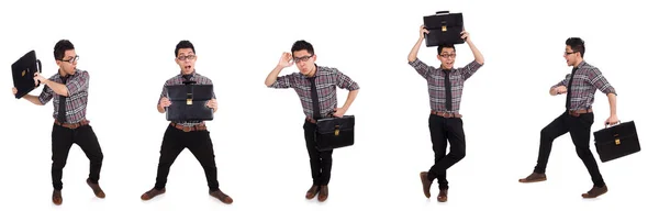 Giovane dipendente con valigetta isolata su bianco — Foto Stock