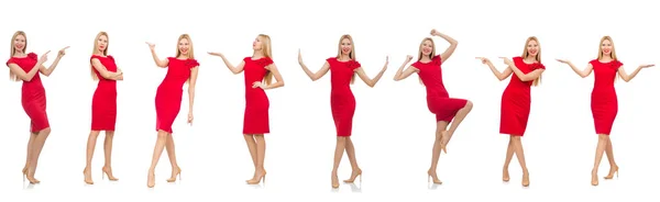 Vrouw in rode jurk geïsoleerd op wit — Stockfoto