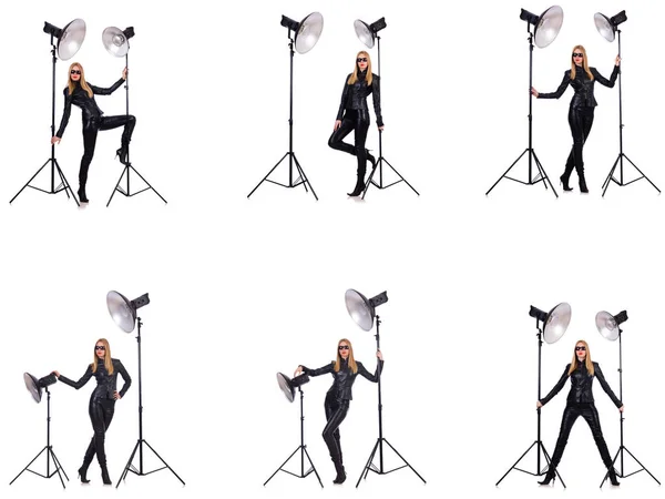 Collage de la mujer durante la sesión de fotos aislado en blanco —  Fotos de Stock