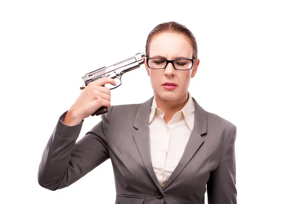 Businesswoman with handgun isolated on white Stock Photo