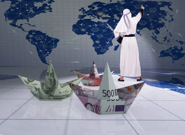 Arab muž a papírové lodě euro dolar — Stock fotografie