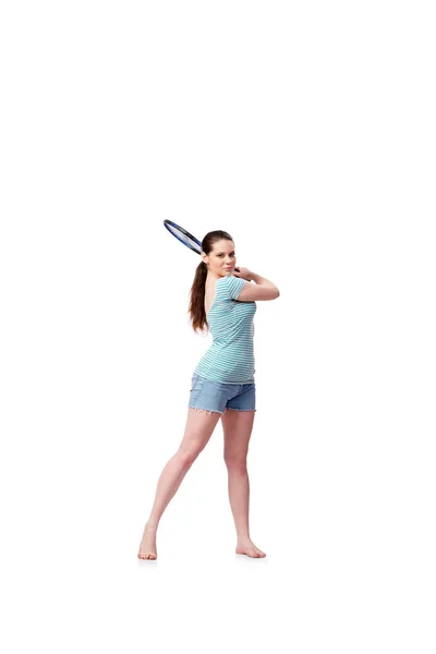 Mujer joven en concepto deportivo aislado en el blanco — Foto de Stock
