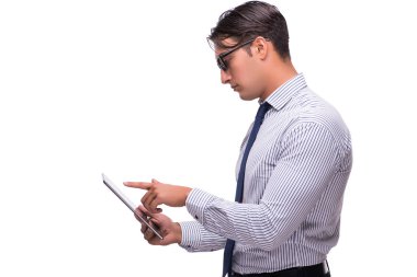 Tablet bilgisayarıyla beyaz izole iş adamı