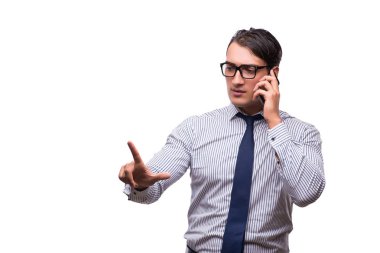 Adam beyaz izole hareket eden smartphone ile