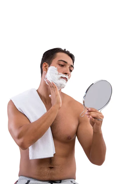 Handsome man shaving isolated on white background — Stock Photo, Image