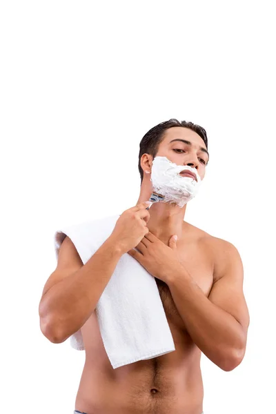 Jóképű férfi borotválkozási a elszigetelt fehér háttér — Stock Fotó
