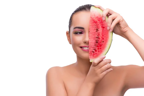 Woman with watermelon slice isolated on white — Stock Photo, Image