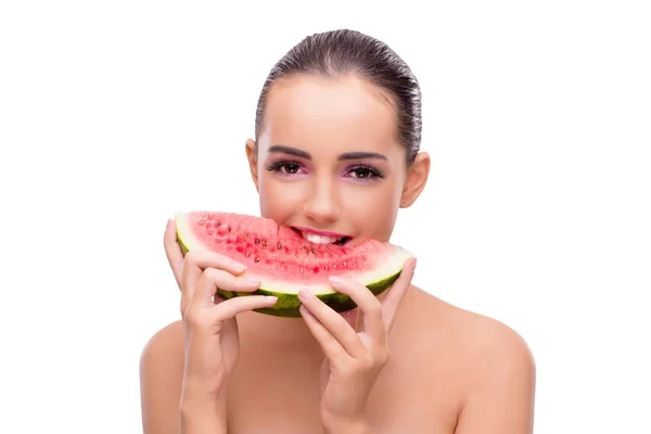 Beautiful woman with watermelon isolated on white — Stock Photo, Image