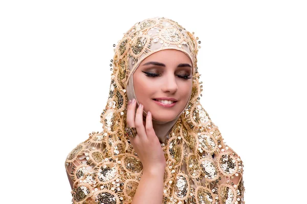 Mulher muçulmana no conceito de moda isolado no branco — Fotografia de Stock