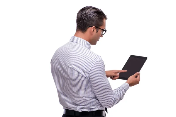 Bonito homem de negócios trabalhando com computador tablet isolado no wh — Fotografia de Stock