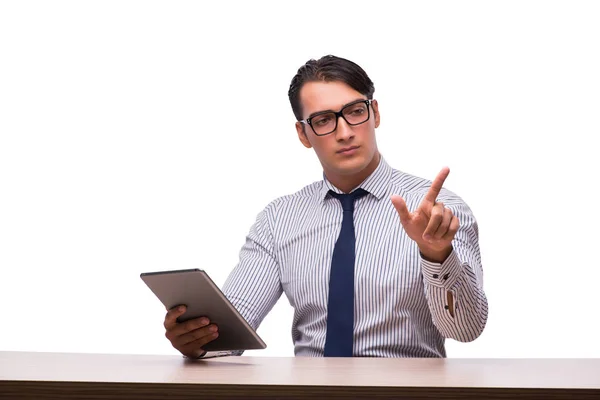 Biznesmen, za pomocą jego komputer typu tablet na białym tle — Zdjęcie stockowe