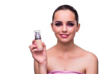 Bir şişe krem beyaz izole kadın