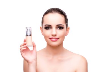 Bir şişe krem beyaz izole kadın