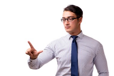 Genç yakışıklı işadamı beyaz izole düğmelere basarak