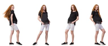 Karmaşık görüntülü hamile kadın beyazda izole edilmiş.