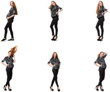 Karmaşık görüntülü hamile kadın beyazda izole edilmiş.