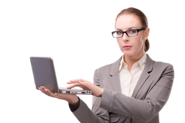 Empresária com laptop isolado em branco — Fotografia de Stock
