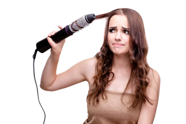 Beautiful woman getting her hair done with hair dryer isolated o — Stock Photo, Image