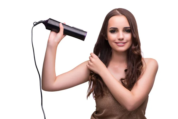 Young beautiful woman with hair dryer isolated on white — Stock Photo, Image