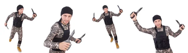 Soldat mit Messer isoliert auf weiß — Stockfoto