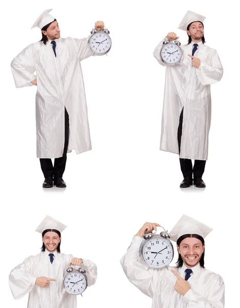 Young man student with clock isolated on white — Stock Photo, Image