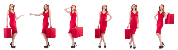 Jeune femme en robe rouge avec valise isolée sur blanc — Photo