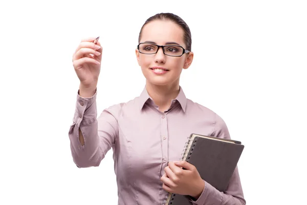 Affärskvinna virtuella knappen isolerad på vit — Stockfoto