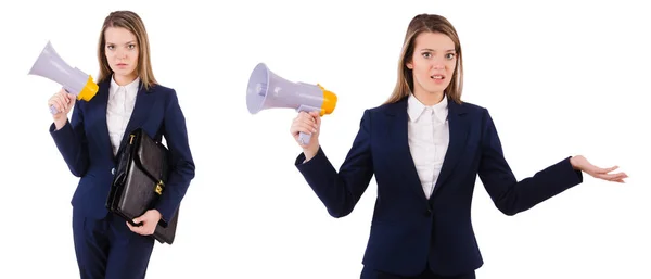 Businesswoman with loudspeaker isolated on white — Stock Photo, Image