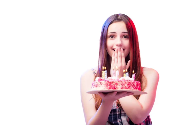 Junge Frau Mädchen mit Kuchen isoliert auf weiß — Stockfoto