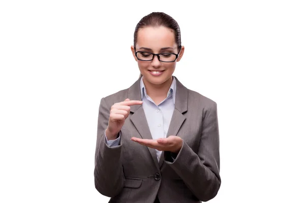 Bsuinesswoman virtuele knoppen op wit wordt geïsoleerd te drukken — Stockfoto