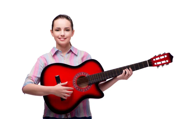 Jeune femme avec guitare isolée sur blanc — Photo