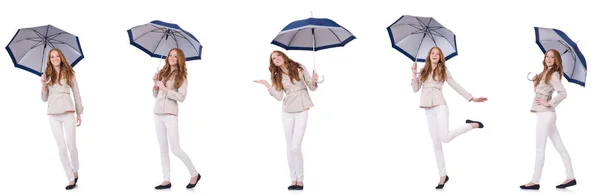 Junge Frau mit Regenschirm auf weißem Grund — Stockfoto