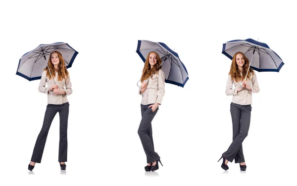 Junge Frau mit Regenschirm isoliert auf weißem Grund — Stockfoto