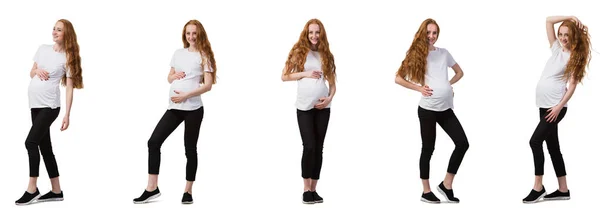 Zwangere vrouw in samengesteld beeld geïsoleerd op wit — Stockfoto