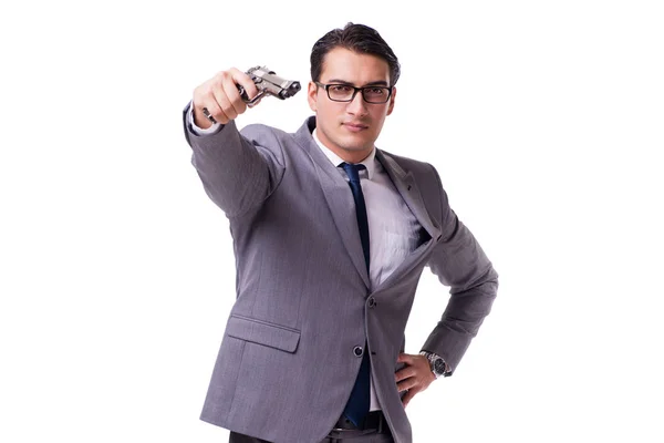 Агресивний бізнес-менеджер з пістолетом ізольовано на білому — стокове фото