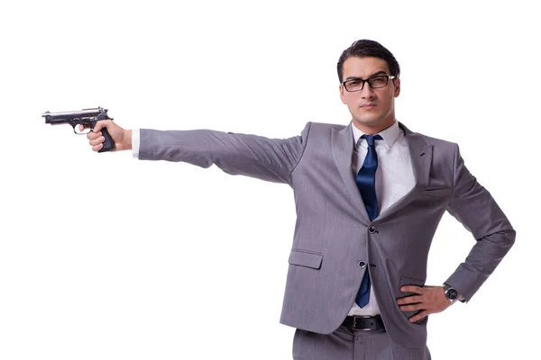 Aggressivo business manager con pistola isolata su bianco — Foto Stock