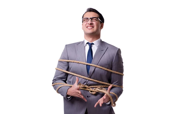 Uomo d'affari legato con corda isolata su bianco — Foto Stock