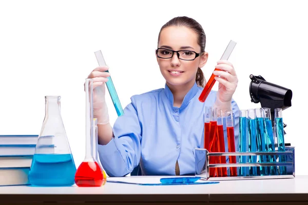 Lab chemist working with microscope and tubes — Stock Photo, Image