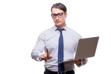 Yakışıklı işadamı wh izole dizüstü bilgisayar ile çalışma