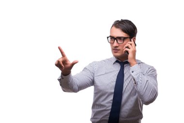 Adam beyaz izole hareket eden smartphone ile