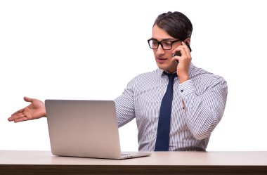 Dizüstü bilgisayarı olan adam beyazda izole edildi