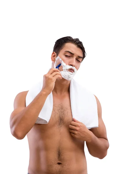 Hombre guapo afeitándose aislado sobre fondo blanco —  Fotos de Stock